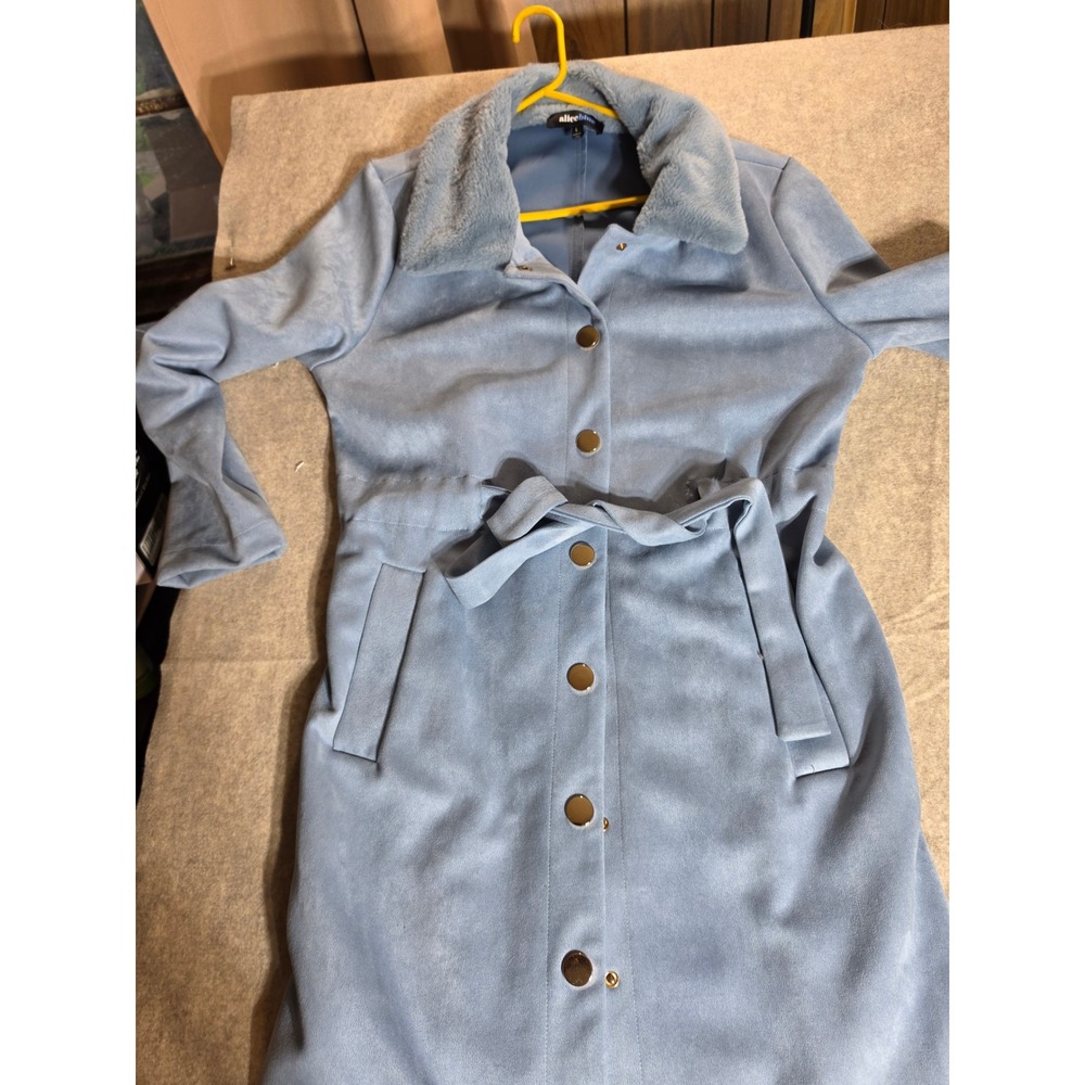 Alice Blue Faux Suede Trench Coat Blue Faux Fur Collar‎ Tie Waist Long Jacket L